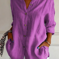 Women's Ancient Energy lapel long sleeve shirt with single-breasted design and pleated details, stylish blouse for everyday wear.