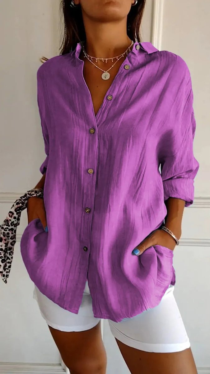Women's Ancient Energy lapel long sleeve shirt with single-breasted design and pleated details, stylish blouse for everyday wear.