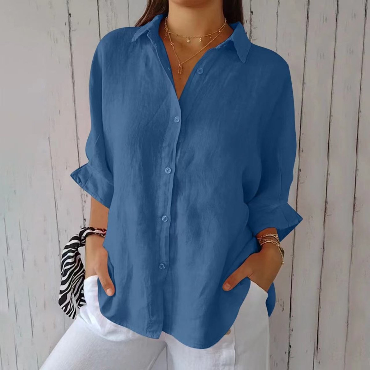 Ancient Energy women's lapel long sleeve shirt with single-breasted design and pleated front, stylish and versatile blouse.