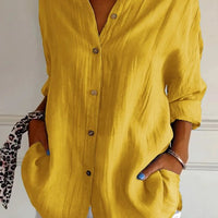 Ancient Energy women's lapel long sleeve shirt with single-breasted design and pleated front, stylish and versatile top.