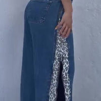 Leopard print zip-up jeans from Ancient Energy featuring a stylish animal print design and a comfortable fit.