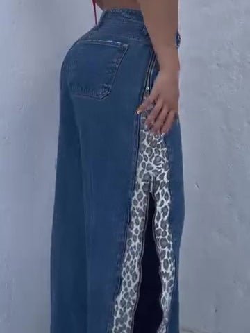 Leopard print zip-up jeans from Ancient Energy featuring a stylish animal print design and a comfortable fit.