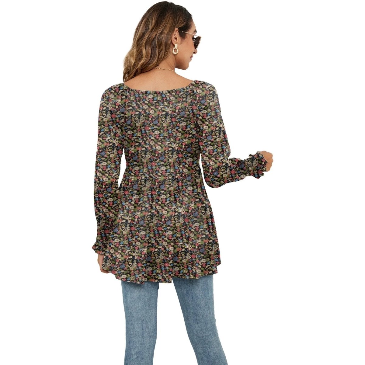 Ancient Energy women's long puff sleeve blouse with floral print, V-neck, casual babydoll style, perfect for everyday wear.