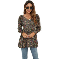 Ancient Energy women's long puff sleeve blouse with floral print, V-neck, casual babydoll style top, perfect for everyday wear.
