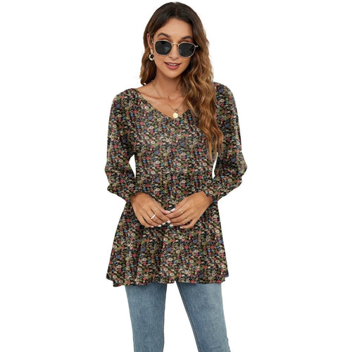 Ancient Energy women's long puff sleeve blouse with floral print, V-neck, casual babydoll style top, perfect for everyday wear.