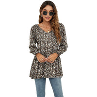 Ancient Energy women's long puff sleeve blouse with floral print, V-neck, casual babydoll style T-shirt.