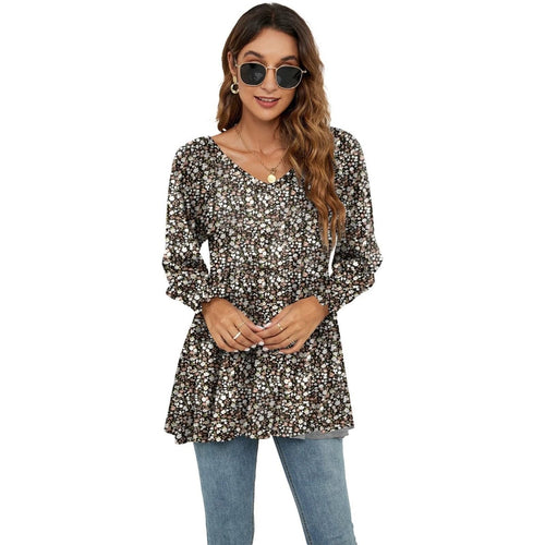 Ancient Energy women's long puff sleeve blouse with floral print, V-neck, casual babydoll style T-shirt.