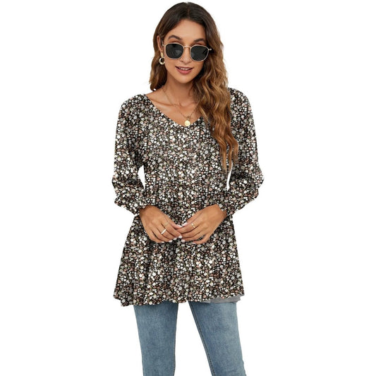 Ancient Energy women's long puff sleeve blouse with floral print, V-neck, casual babydoll style T-shirt.