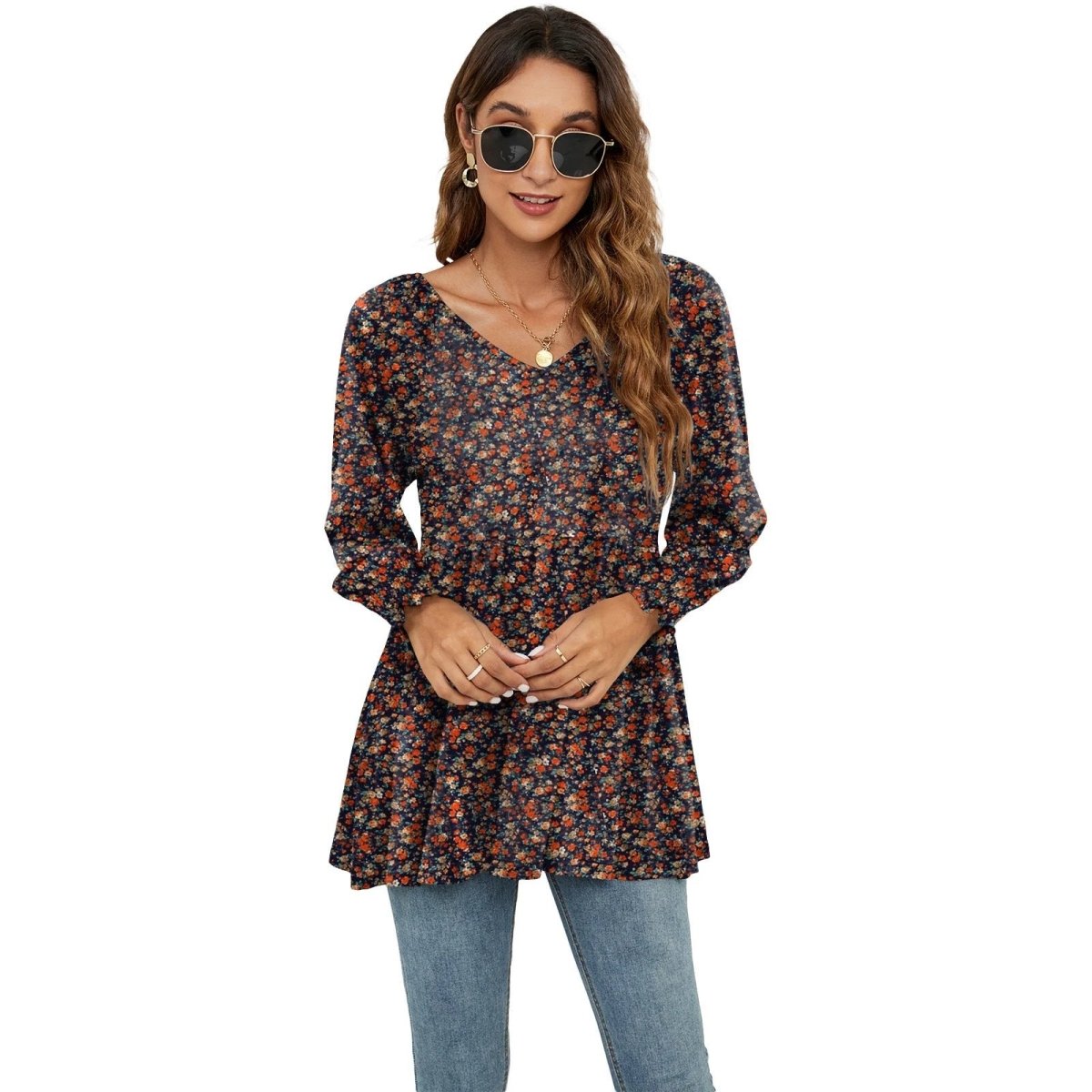 Ancient Energy women's long puff sleeve top with floral print, V-neck blouse, casual babydoll T-shirt style, feminine and stylish.