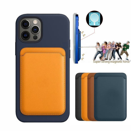 Luxury magnetic leather card holder wallet case for iPhone 14 Pro Max, 13, or 12 by Ancient Energy, featuring sleek design and card slots.
