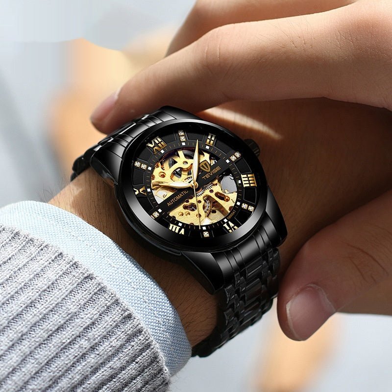 Ancient Energy mechanical watch with a hollowed-out steel bracelet, featuring a sleek and modern design.
