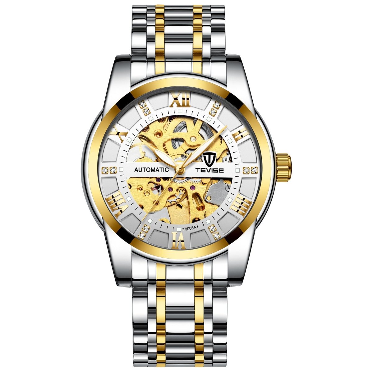 Ancient Energy mechanical watch with a hollowed-out steel bracelet and round dial, showcasing intricate design details.