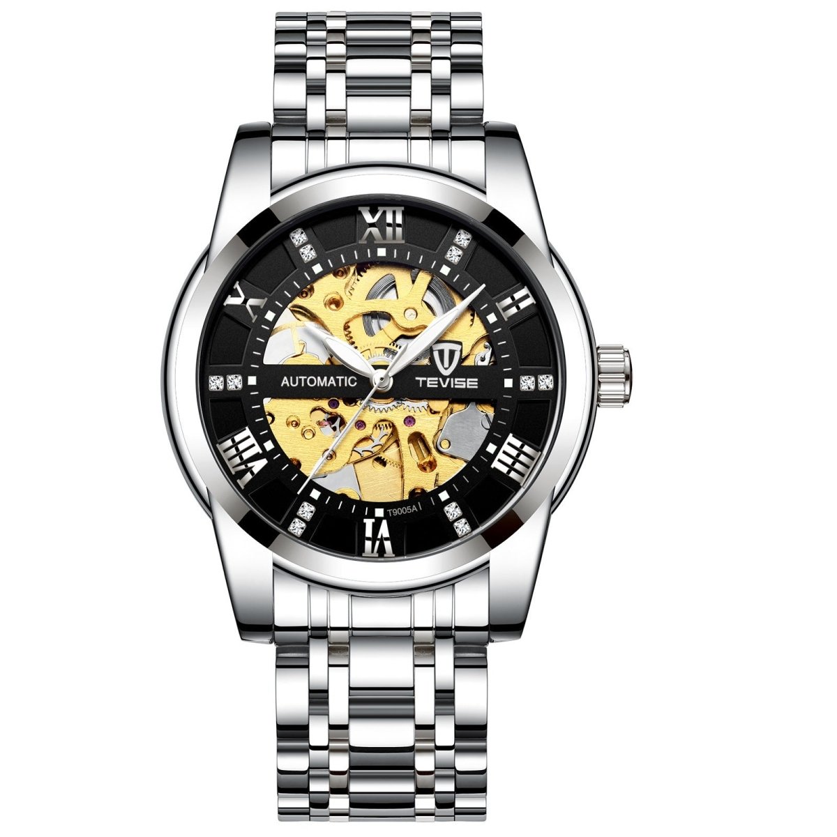Ancient Energy mechanical watch with a hollowed-out steel bracelet showcasing a sleek, modern design and intricate dial details.