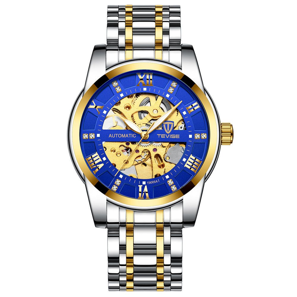 Ancient Energy mechanical watch with a hollowed-out steel bracelet showing intricate watch face and modern design.