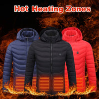 Ancient Energy men's heated puffer jacket with electric heating, insulated hood, windbreaker design, and 9 heat zones.