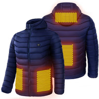 Men's heated puffer jacket by Ancient Energy with electric heating, insulated hood, windbreaker design, and 9 heat zones for warmth.
