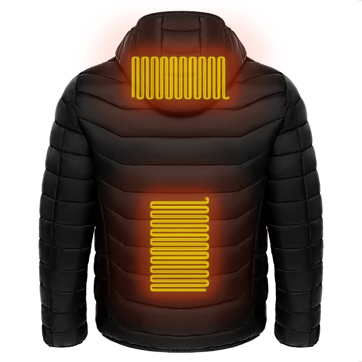 Men's heated puffer jacket by Ancient Energy with electric heating, insulated hood, windbreaker design, and 9 heat zones.