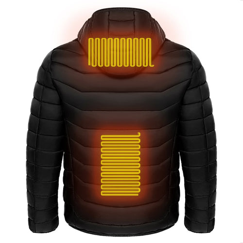 Men's heated puffer jacket by Ancient Energy with electric heating, insulated hood, windbreaker design, and 9 heat zones.