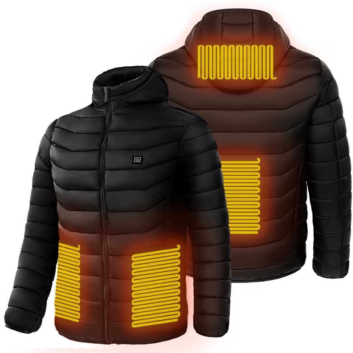 Men's heated puffer jacket by Ancient Energy with electric heating, insulated hood, and 9 heat zones for warmth and wind protection.