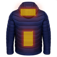 Men's Ancient Energy heated puffer jacket with electric heating, insulated hood, and 9 heat zones for warmth and wind protection.