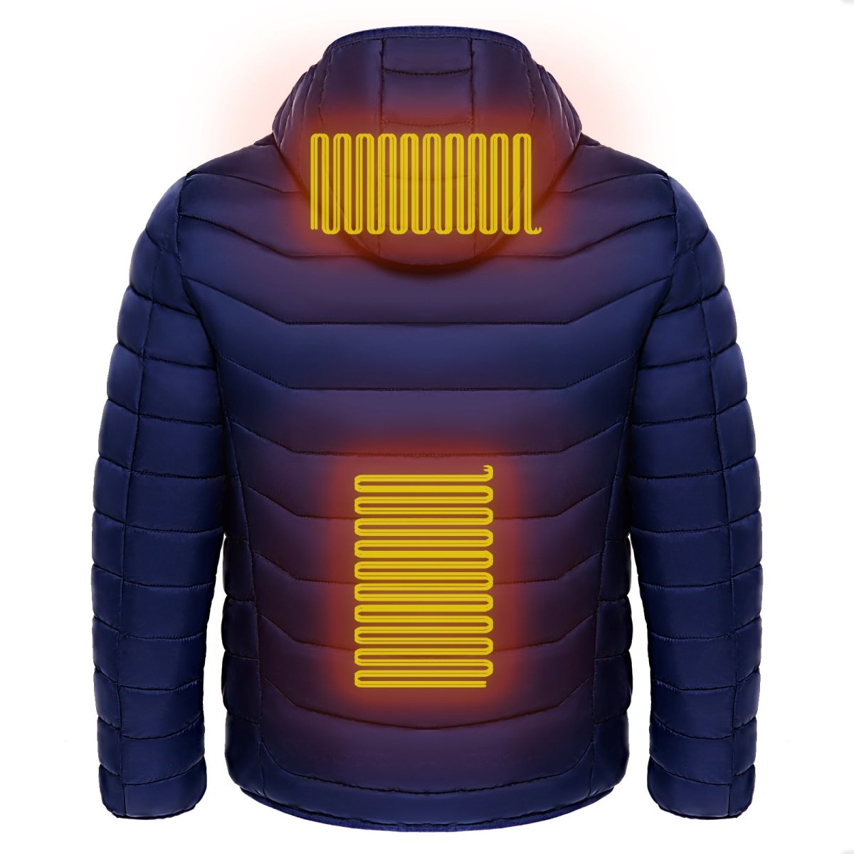 Men's Ancient Energy heated puffer jacket with electric heating, insulated hood, and 9 heat zones for warmth and wind protection.