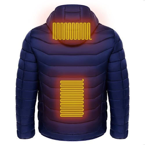 Men's Ancient Energy heated puffer jacket with electric heating, insulated hood, and 9 heat zones for warmth and wind protection.