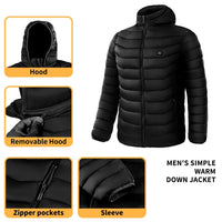 Ancient Energy men's heated puffer jacket with electric heating, insulated hood, and 9 heat zones for warmth and wind protection.