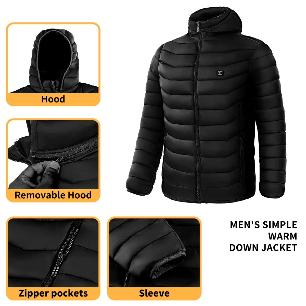 Ancient Energy men's heated puffer jacket with electric heating, insulated hood, and 9 heat zones for warmth and wind protection.