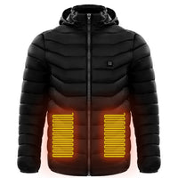 Men's heated puffer jacket by Ancient Energy with electric heating, insulated hood, windbreaker style, featuring 9 heat zones.