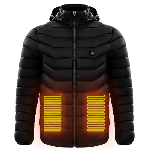 Men's heated puffer jacket by Ancient Energy with electric heating, insulated hood, windbreaker style, featuring 9 heat zones.