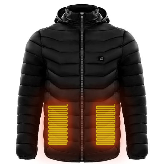 Men's heated puffer jacket by Ancient Energy with electric heating, insulated hood, windbreaker style, featuring 9 heat zones.