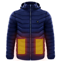 Ancient Energy men's heated puffer jacket with electric heating, insulated hood, windbreaker design, featuring 9 heat zones.