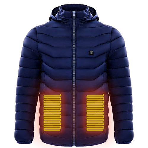 Ancient Energy men's heated puffer jacket with electric heating, insulated hood, windbreaker design, featuring 9 heat zones.