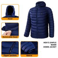 Men's heated puffer jacket by Ancient Energy with electric heating, insulated hood, windbreaker design, and 9 heat zones.