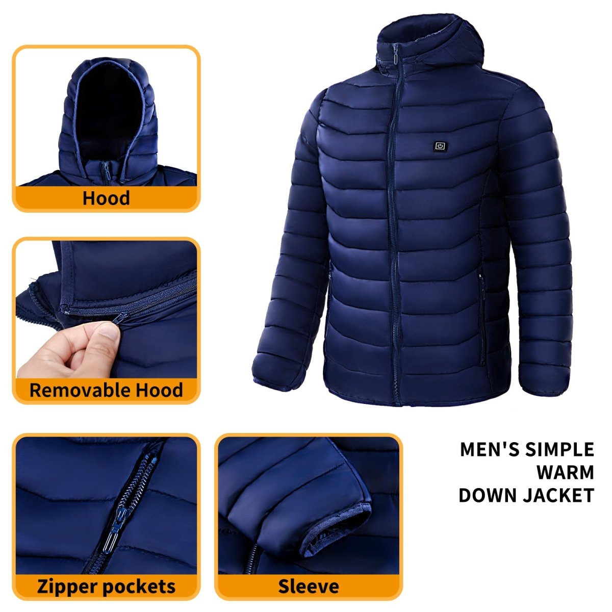 Men's heated puffer jacket by Ancient Energy with electric heating, insulated hood, windbreaker design, and 9 heat zones.