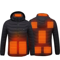 Men's heated puffer jacket by Ancient Energy with electric heating, insulated hood, windbreaker, and 9 heat zones for warmth.
