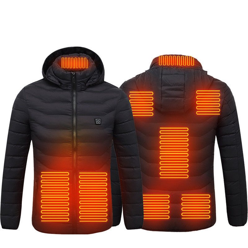 Men's heated puffer jacket by Ancient Energy with electric heating, insulated hood, windbreaker, and 9 heat zones for warmth.