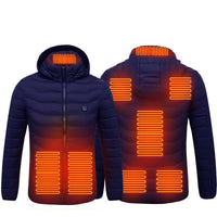 Men's heated puffer jacket by Ancient Energy with electric heating, insulated hood, windbreaker style, featuring 9 heat zones.