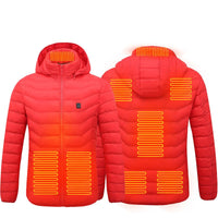 Ancient Energy men's heated puffer jacket with electric heating, insulated hood, windbreaker design, and 9 heat zones.