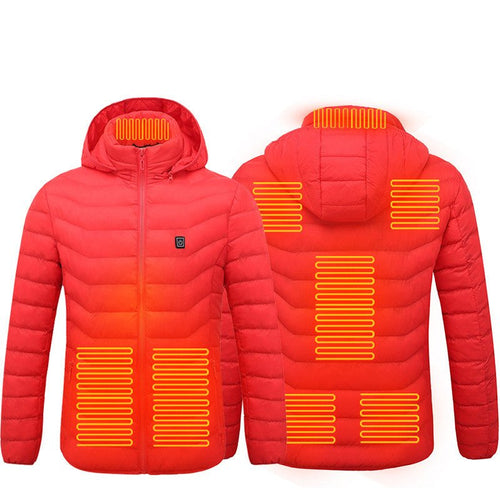 Ancient Energy men's heated puffer jacket with electric heating, insulated hood, windbreaker design, and 9 heat zones.