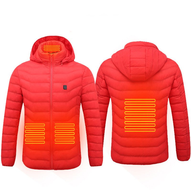 Men's Ancient Energy heated puffer jacket with electric heating, insulated hood, and 9 heat zones for warmth and wind protection.