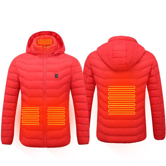 Men's Ancient Energy heated puffer jacket with electric heating, insulated hood, and 9 heat zones for warmth and wind protection.
