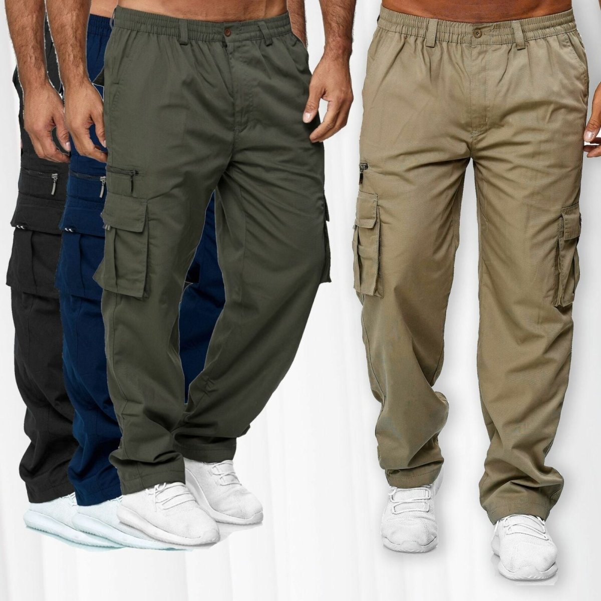 Men's casual cargo pants by Ancient Energy featuring multiple pockets, loose fit, straight leg, and relaxed style.