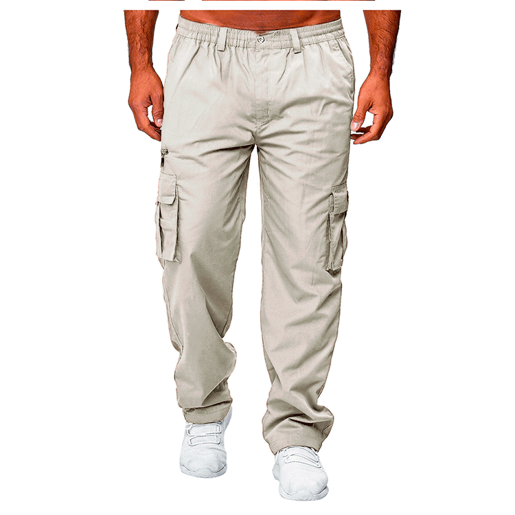 Men's casual loose straight cargo pants by Ancient Energy with multiple pockets, made from comfortable, lightweight fabric.