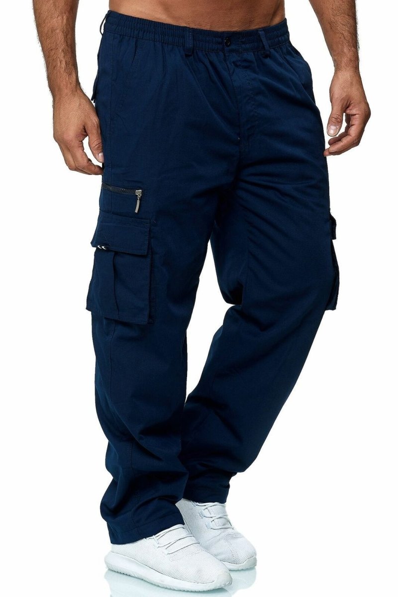 Men's casual cargo pants by Ancient Energy featuring multiple pockets, loose fit, straight cut, and comfortable style.