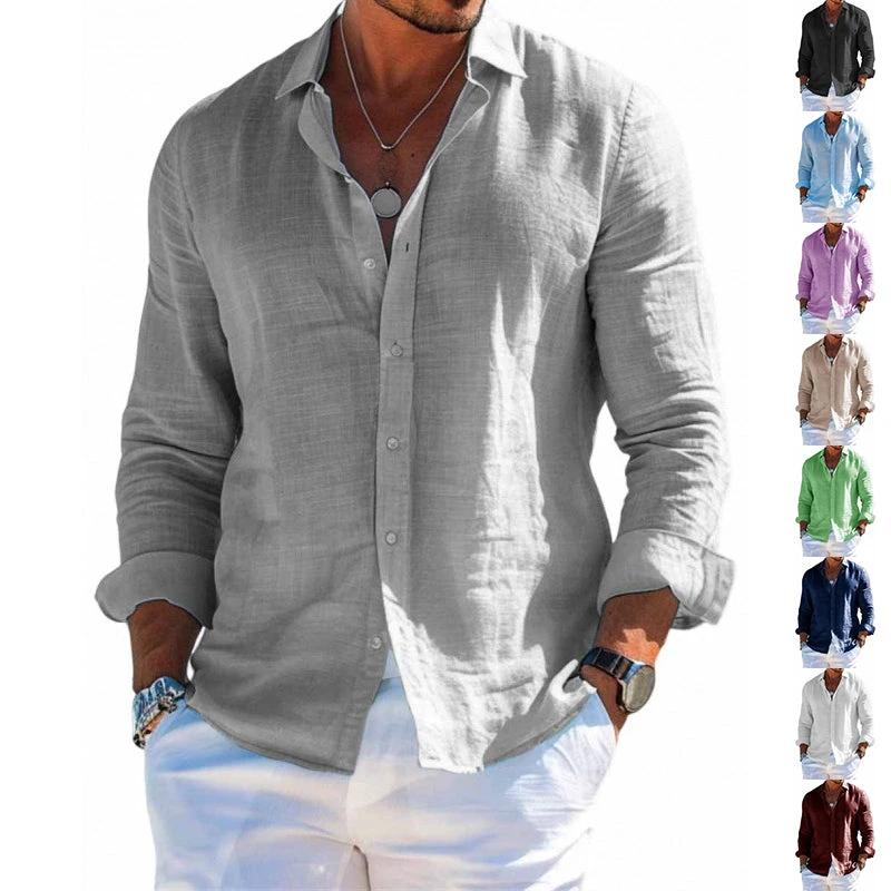 Men's loose-fit long sleeve casual shirt by Ancient Energy, solid color, lapel collar, button-up blouse in plus size.