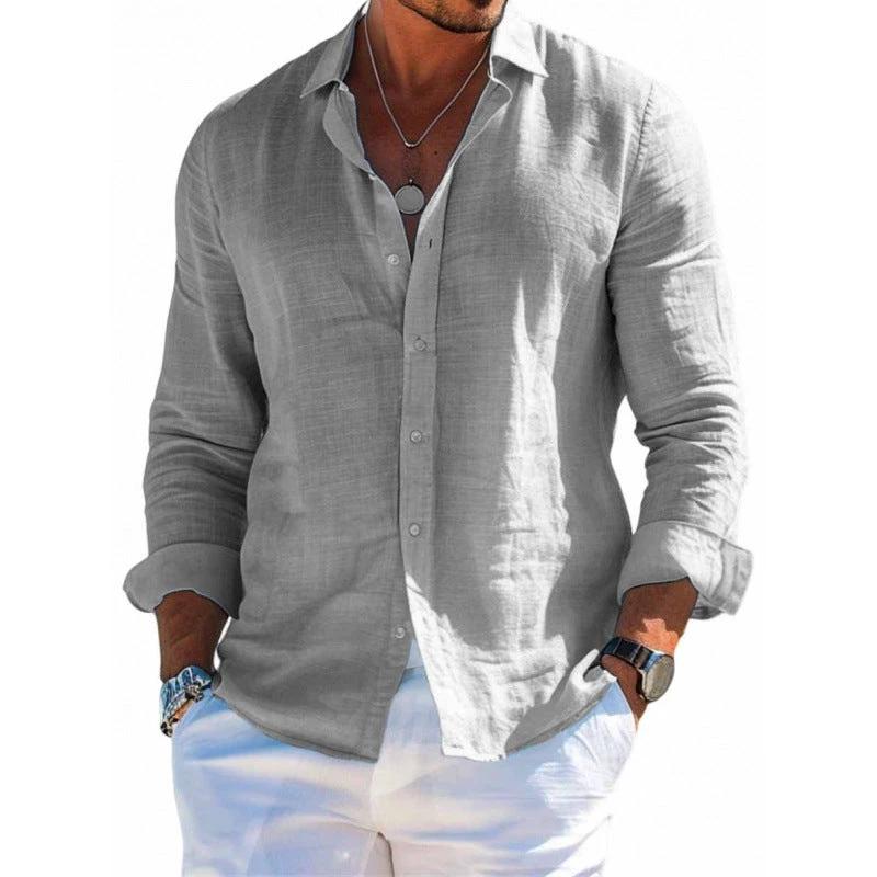 Men's loose-fitting long sleeve shirt by Ancient Energy, casual solid color button-up blouse with lapel collar, plus size clothing.