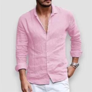 Men's casual long sleeve shirt by Ancient Energy featuring a loose fit, lapel collar, button front, solid color, plus size blouse.