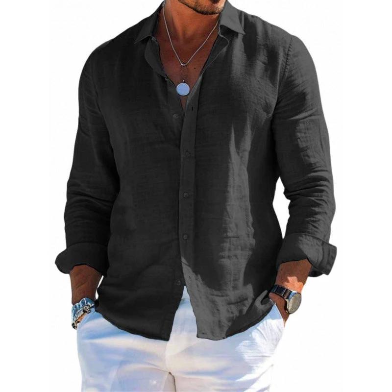 Men's casual long sleeve shirt by Ancient Energy with a loose fit, lapel collar, button front, solid color, plus size blouse.