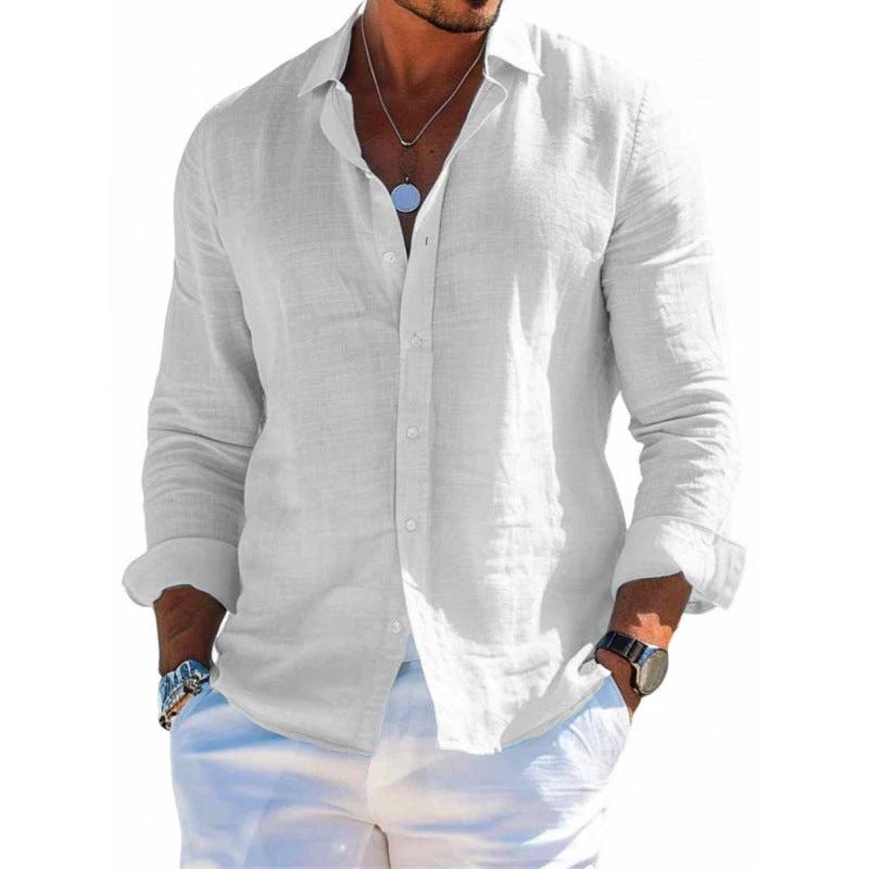 Men's loose fit long sleeve casual shirt with lapel collar in solid color by Ancient Energy, plus size blouse style.